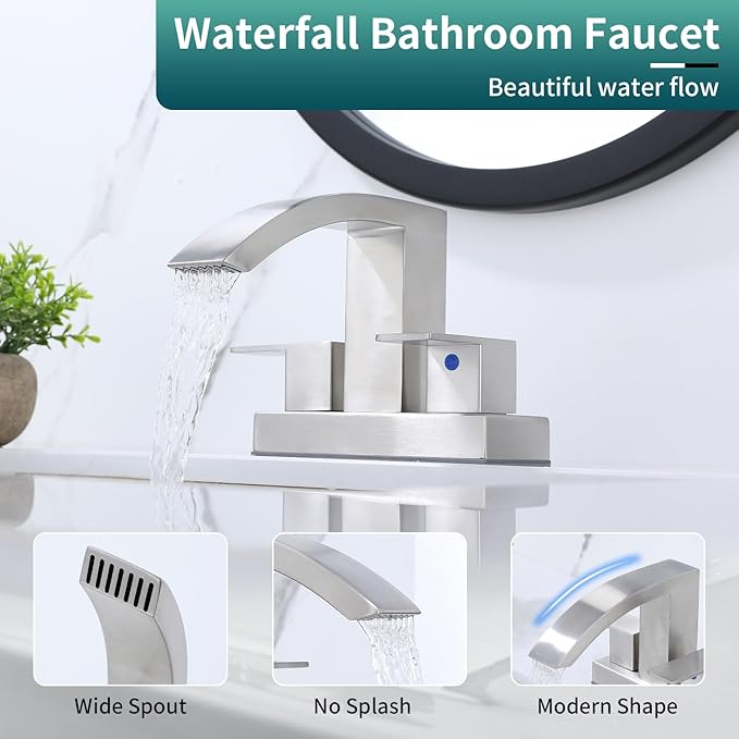 4 Inch Centerset Bathroom Faucet, 2-Handle Waterfall Sink Faucet 3 Hole, Brushed Nickel Vanity Faucet with Pop Up Drain & cUPC Supply Hoses,Waterfall Bathroom Faucet for Lavatory