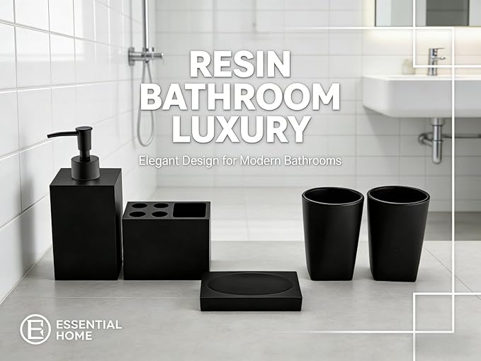 5-Piece Matte Black Bathroom Accessory Set - Modern Design Set with Soap Dispenser, 2 Tumbler Cups, Soap Dish & Toothbrush Holder