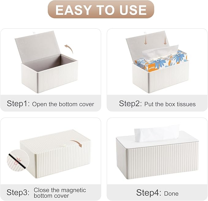 KINGFOM PU Leather Tissue Box Cover Rectangular Tissue Box Holder with Magnetic Bottom, Napkin & Facial Tissue Holder Dispenser for Home, Office (Decorative Pattern-PU Leather, Off-White Stripe)