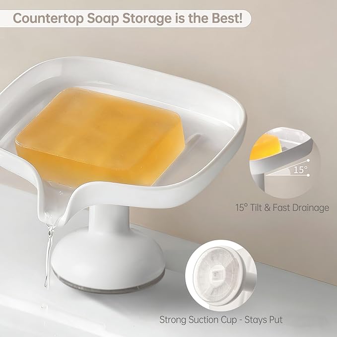 Self-Draining Soap Dish with Suction Cup, Stand Bar Soap Holder, No Drill Removable Sponge Tray for Shower, Bathroom, Kitchen Sink, Easy to Clean & Keeps Dry, White