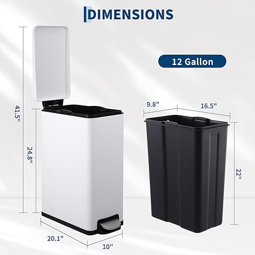 Garvee 12 Gal and 2.6 Gal Stainless Steel Trash Can Combo Set, Slim Garbage Can for Kitchen and Bathroom, Metal Trash Bin with Removable Inner Bucket & Step On Foot Pedal, White