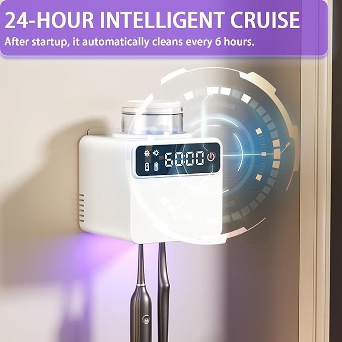 Smart Electric Toothbrush Holder with Cleaning and Hot Air Drying,LED Screen,Toothbrush Holders for Bathrooms,Wall Mounted Toothbrush Holder with 2 Toothbrush Slots for Home, Travel (White)