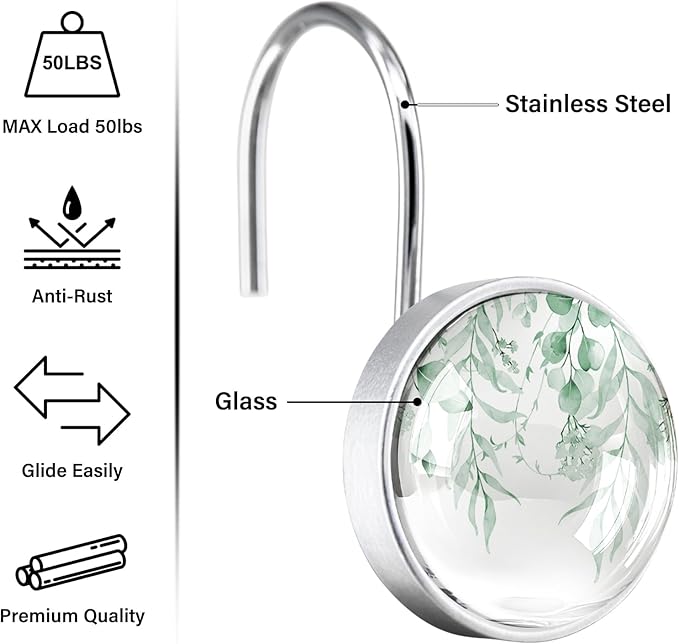 12 Pcs Mint Green Eucalyptus Decorative Shower Curtain Hooks - Rustic Stainless Steel Round Resin Shower Rings Hangers for Bathroom Rods Decor