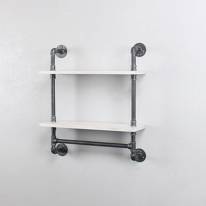 Iron Pipe Shelves Industrial Bathroom Shelves with Towel bar,24in Rustic Metal Pipe Floating Shelves Pipe Wall Shelf,2 Tier Industrial Shelf Wall Mounted,Retro White
