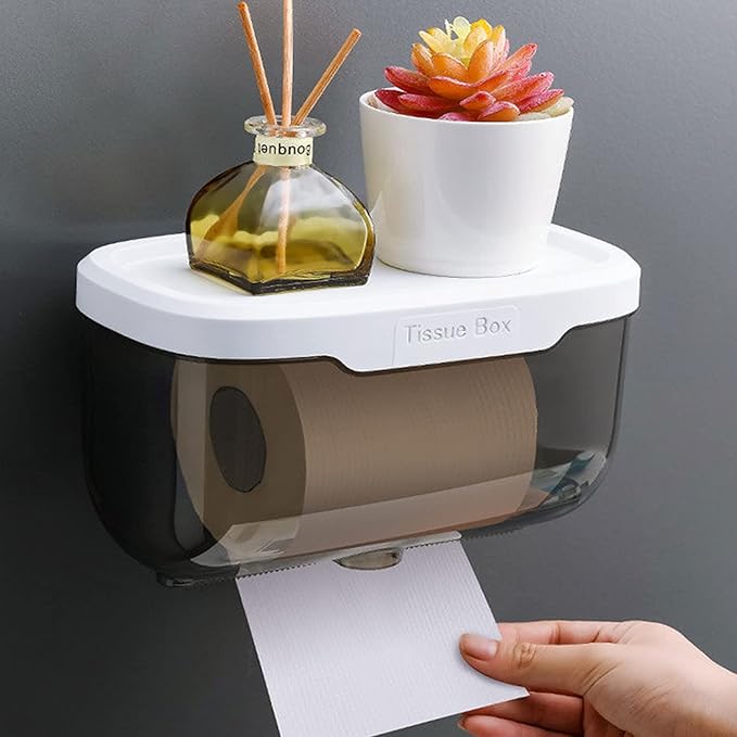 Toilet Paper Holder - Wall Mounted Waterproof Bathroom Roll Holder,Multifunction Dispenser Cat Proof No Drilling (Grey)