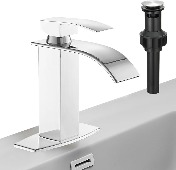 Hoimpro Chrome Waterfall Bathroom Faucet with cUPC Supply Lines, Single Handle Bathroom Sink Faucet with Pop-up Drain, Rv Vanity Vessel Faucet with Deck Plate, Chrome, 1 or 3 Hole