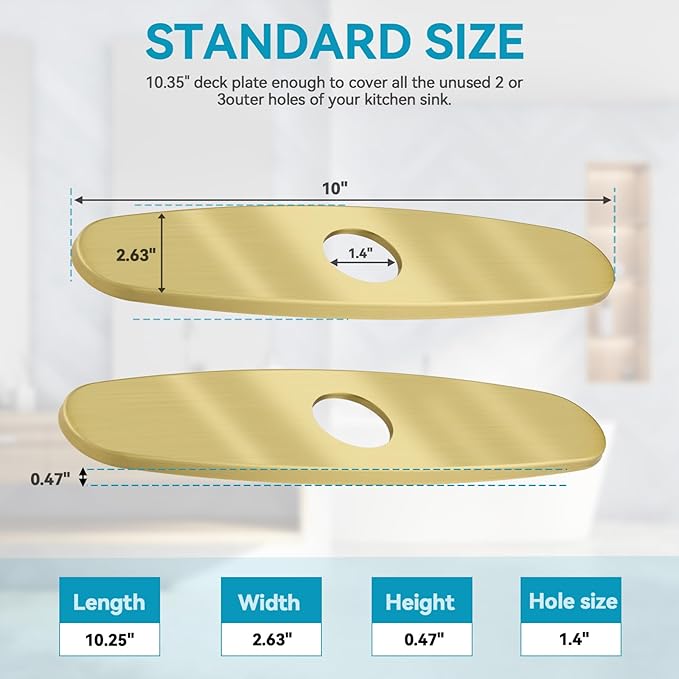 10 Inch Kitchen Sink Deck Plate Cover | Golden 304 Stainless Steel Hole Cover Escutcheon for Pull Down Faucets, 1 or 3 Hole- Fits Extra Mounting Holes (Golden)
