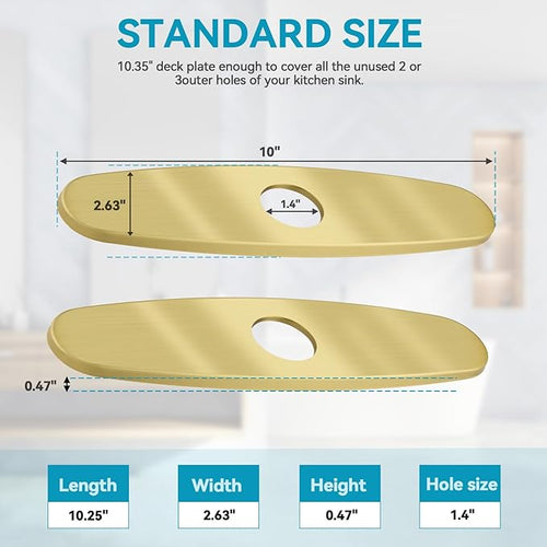10 Inch Kitchen Sink Deck Plate Cover | Golden 304 Stainless Steel Hole Cover Escutcheon for Pull Down Faucets, 1 or 3 Hole- Fits Extra Mounting Holes (Golden)