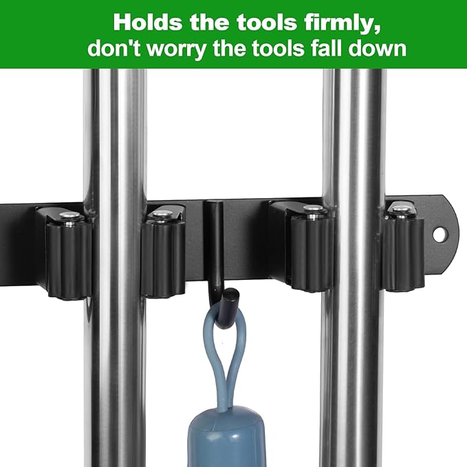 Mop and Broom Holder Wall Mount, 3 Racks with 4 Hooks, Stainless Steel Broom Organizer, Self Adhesive or Screw Mounted, Heavy Duty Storage for Home Kitchen Laundry Garage (black)