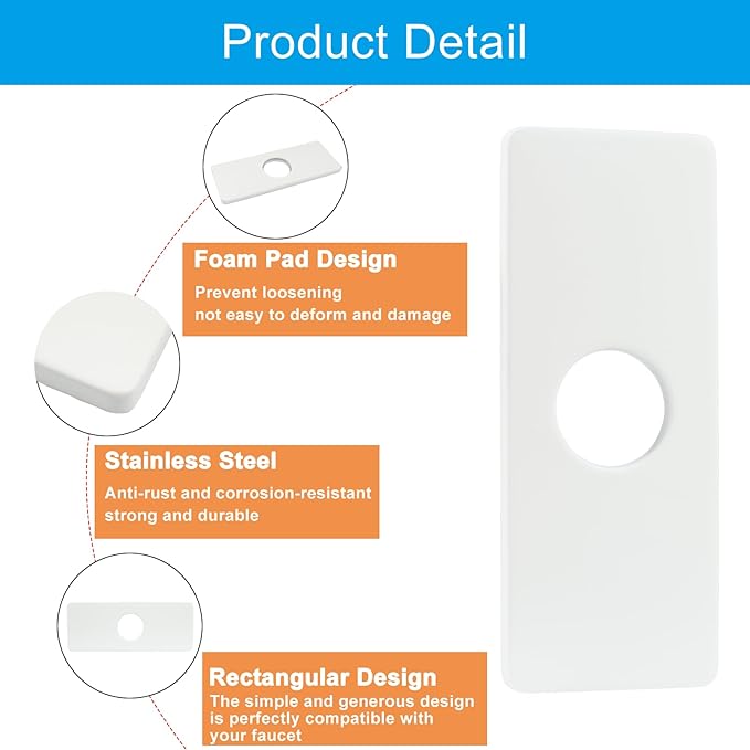 Biaungdo 6" Hole Cover Deck Plate, Porcelain White Escutcheon Plate Stainless Steel Bathroom Faucet Plate Rectangle Faucet Cover Plate for 1 or 3 Hole Bathroom Vanity Sink Faucet