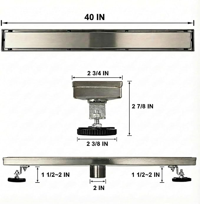 Linear Shower Floor Drain, 40 Inch Brushed Nickel 304 Stainless Steel Bathroom Drains Kit, Rectangular Shower Trench Drain with Reversable Tile-in Pattern Drain Cover & Hair Catcher