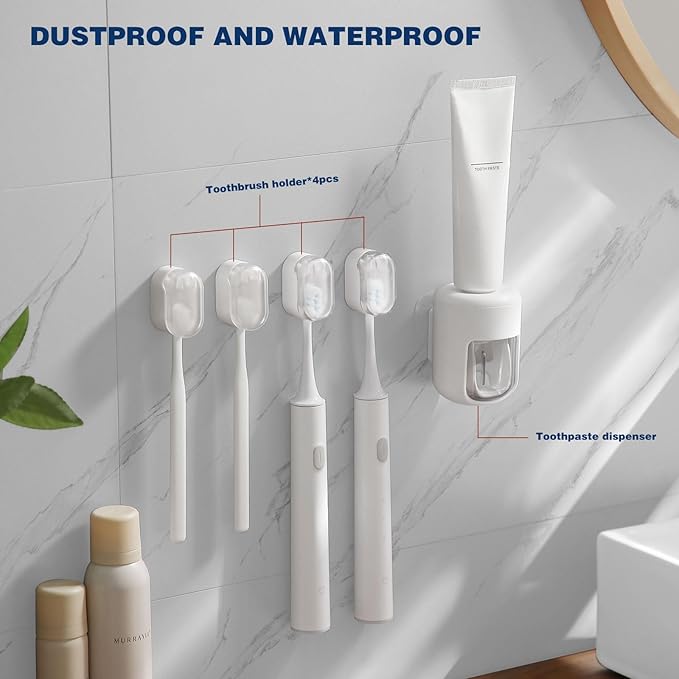 Toothbrush Holder 4-Pack with 1 Toothpaste Dispenser, Dustproof Electric Toothbrush Holder Wall Mounted Adhesive Toothbrush Heads Organizer for Bathroom, Family & Travel(No Drilling)