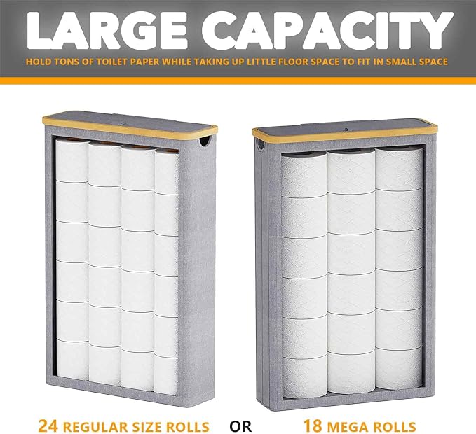 SpaceAid Extra Large Toilet Paper Storage with Lid, Hold up to 24 Regular Rolls or 18 Mega Rolls, Slim Toilet Paper Basket Holder Bin Container, Bathroom Accessories Organizer, Grey