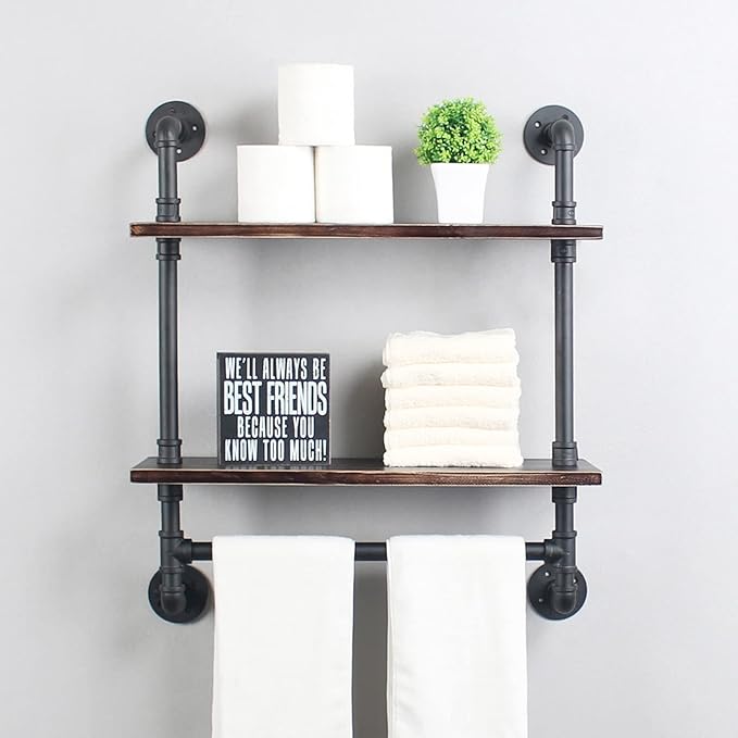 MBQQ Pipe Shelving,Iron Pipe Shelves Industrial Bathroom Shelves with Towel bar,24in Rustic Metal Pipe Floating Shelves Pipe Wall Shelf,2 Tier Industrial Shelf Wall Mounted,Retro Black