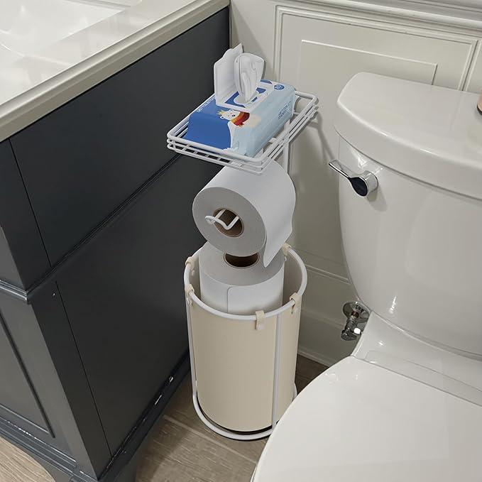Standing Toilet Paper Storage Rack, Rustproof Metal Stand Up Toilet-Paper Roll Holder, Free Standing Tissue Holder for Bathroom, Tissue Holder with Shelf for Wipes & Phone, White