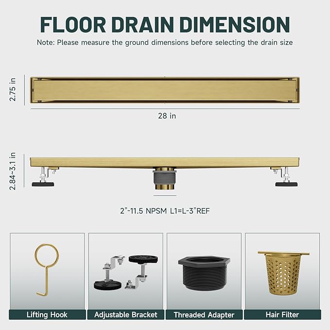 28-Inch Linear Shower Floor Drain, Stainless Steel Bathroom Floor Drains, Rectangular Shower Trench Floor Drain, Hair Strainer, Brushed Gold