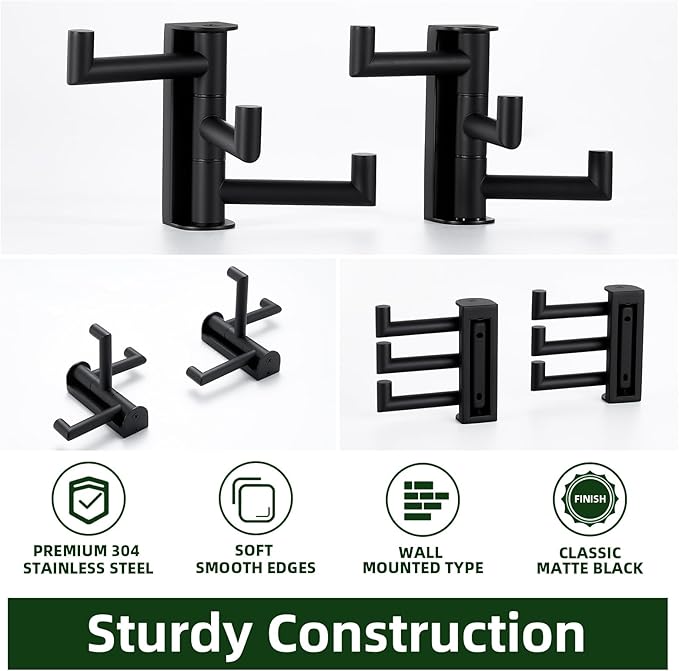 APLusee Matte Black Swivel Towel Hooks for Bathroom 2 Pack, 304 Stainless Steel Foldable Coat Hooks with Multi 3 Arms, Heavy Duty Robe Towel Holders Wall Mounted