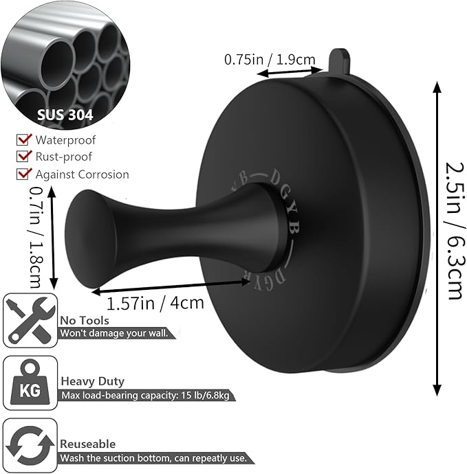 DGYB Suction Cup Hooks for Shower Set of 2 Removable Stainless Steel Towel Hook for Bathroom Glass Window Door Wall and Suction Wreath Hook for Hanging Robe, Loofah, Coat - Black