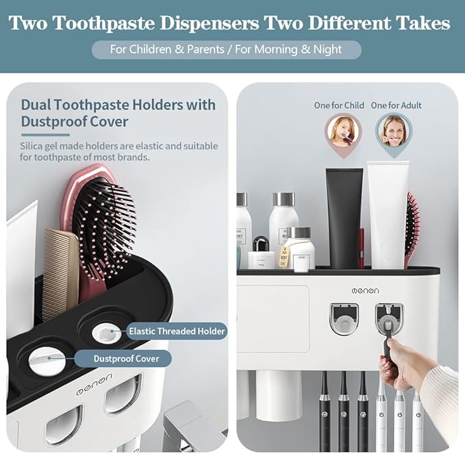 Toothbrush Holders Wall Mounted, Toothbrush Holder with Automatic Toothpaste Dispensers, 6 Brush Slots, 2 Magnetic Cups,1 Cosmetic Drawer Organizer and 1 Large Storage Tray