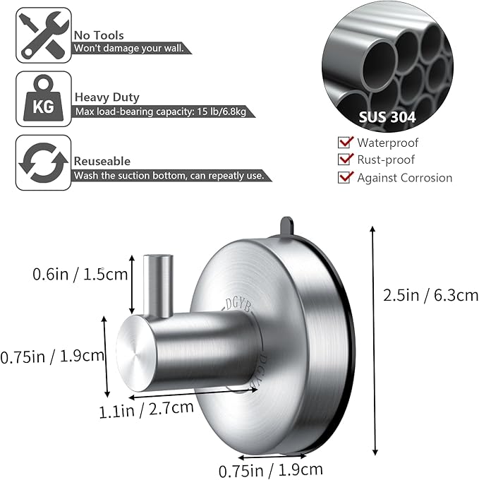 DGYB Suction Cup Hooks for Shower Brushed Nickel Bathroom Hooks Suction Set of 2 Removable Wall Hook for Hanging Towels, Robe, Loofah, Coats