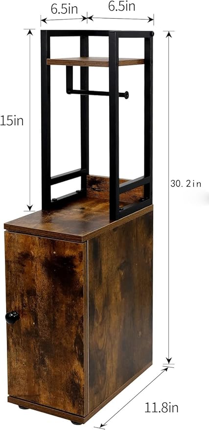 Small Narrow Bathroom Storage Cabinet w/Toilet Paper Roll Holder, Slim Toilet Paper Storage for Bathroom, Brown