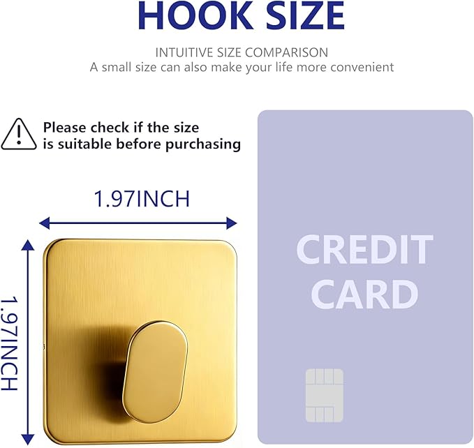 Gold Adhesive Hooks for Wall Hanging - Fit for Coat Door Towel Hooks for Bathrooms Decorative Kitchen Shower Glass Wall 304 Stainless Steel Robe &Towel Hooks Brushed Gold 4 Packs