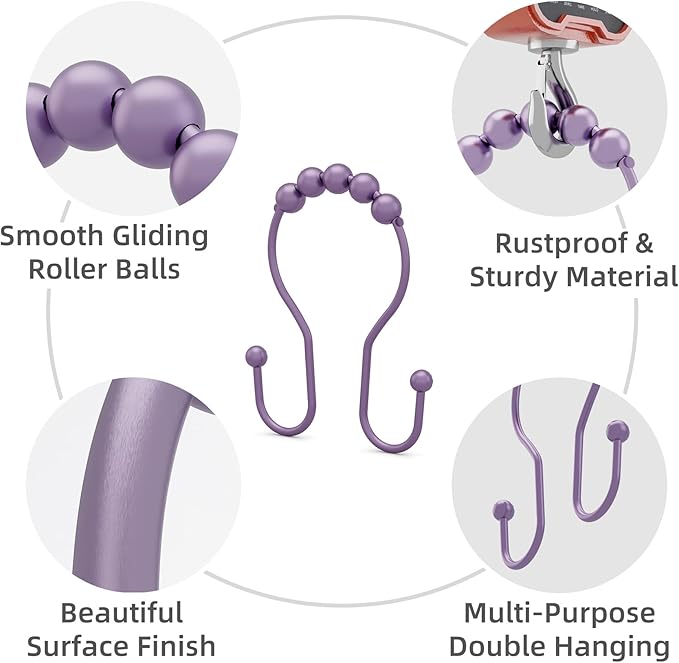 Shower Curtain Hooks, Shower Curtain Rings Rust Proof Double Hook Shower Curtain Hooks, 12 Pcs Purple Shower Hooks for Shower Curtain, Shower Rings for Curtain, Metal Shower Rod Hooks