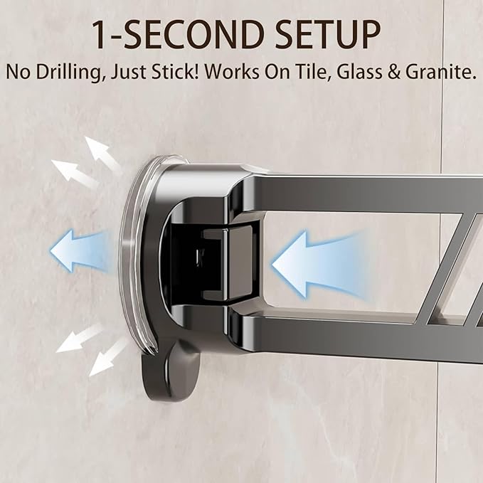 12" Shower Caddy Suction Cup, Concealed Shower Shelves Suction Cup with Hooks & Towel Bar, NO-Drilling Suction Shelf for Bathroom & Kitchen - Gray