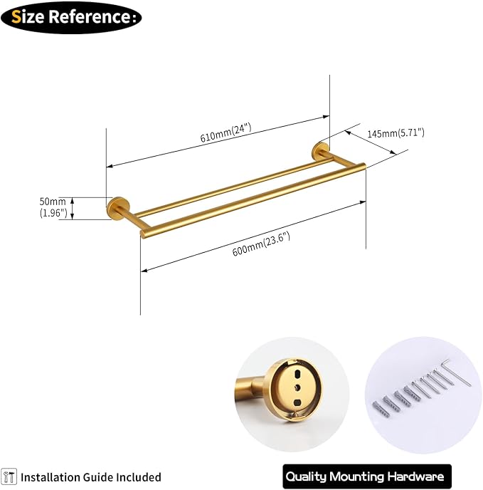 GERZWY Bathroom Double Towel Bar 24-Inch Gold Stainless Steel Modern Round Style Bath Hand Towel Rack Wall Mount