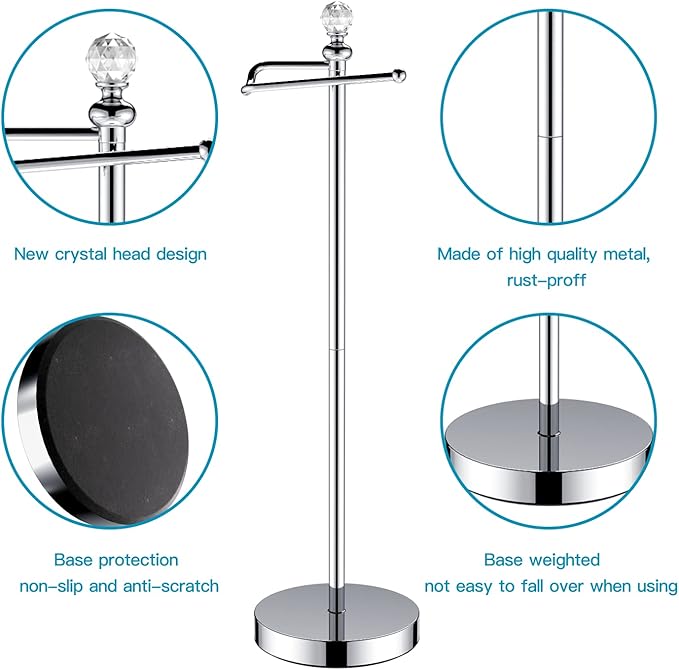 Toilet Paper Holder Stand (with Reserve Function) Free Standing Toilet Paper Holder for Bathroom Total Height 24.4" with Crystal Finial, Chrome Finish