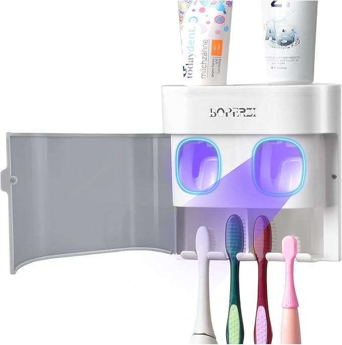Boperzi Toothbrush Holder Wall Mounted Toothpaste Dispenser Gray Dustproof Cover for Shower Bathroom Set with 2 Toothpaste Squeezers (Not Electric)