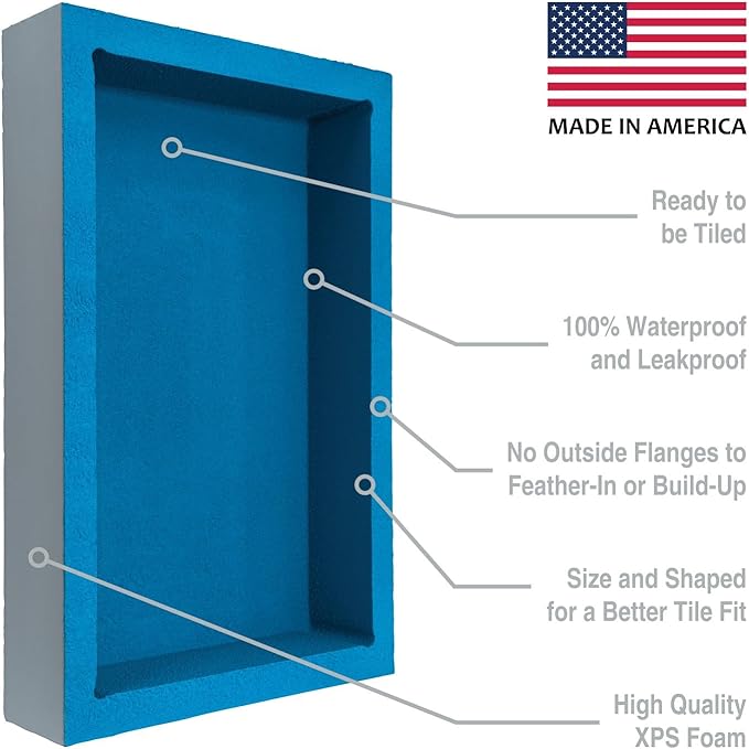 Noble 314 Preformed 12" x 20" ID Shower Niche, Tub, Caddy, Modern Bathroom Storage Solution, Adjustable Shelf, Water-Resistant, Easy Install Ideal for Toiletries Shampoo Shower Accessories