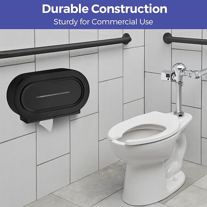 Stainless Steel Twin Jumbo Toilet Paper Dispenser Wall Mount, 9" Commercial Double Roll Holder, Industrial Tissue Dispenser with Key Lock, Matte Black