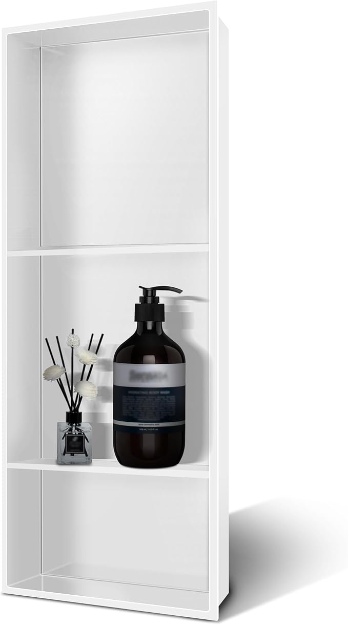 Shower Niche 13 × 31, 3 Shelves Wall Niche Recessed Shelf for Bathroom Storage, Shower Niche Insert Tile Ready No Tile Needed Over Mount Installation, White