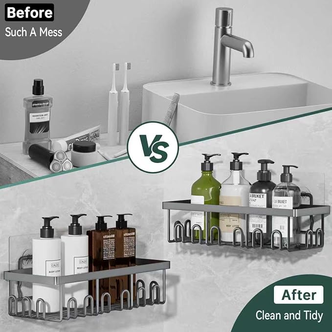 5-Pack Adhesive Shower Caddy, Rustproof Stainless Steel Organizer for Bathroom Storage with Large Capacity, No Drilling Bathroom Caddy with Soap Toothbrush Holder for Kitchen Home Grey