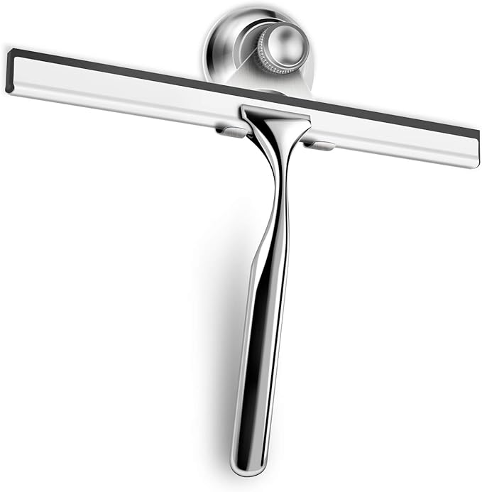 Shower Squeegee for Shower Doors, Window, Bathroom, Mirror and Car Glass, All-Purpose Cleaning Squeegee with Powerful Suction Cup Hooks Holder – Stainless Steel, 10 Inches. (Black)