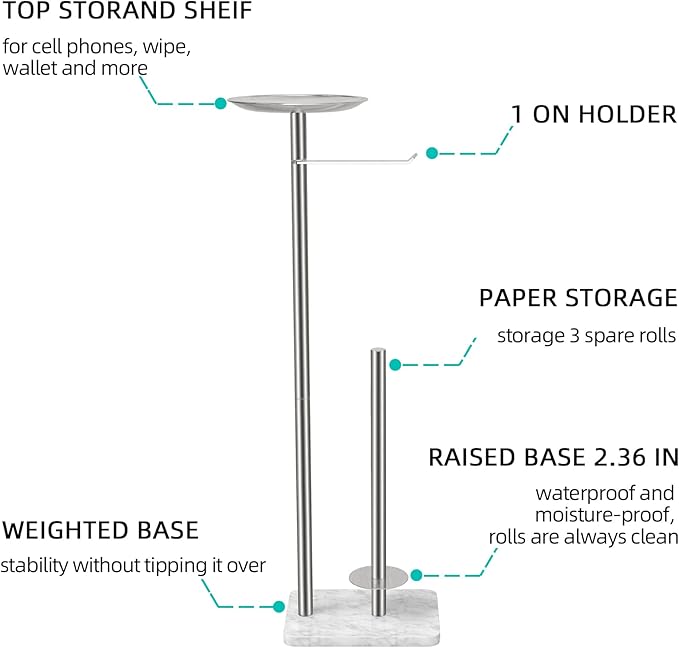 Toilet Paper Holder Stand for Bathroom Floor Standing Toilet Roll Dispenser Storages 4 Reserve Rolls, with Top Storage Shelf for Cell Phones, Wipe, Wallet and More(Marble Brush Nickel)
