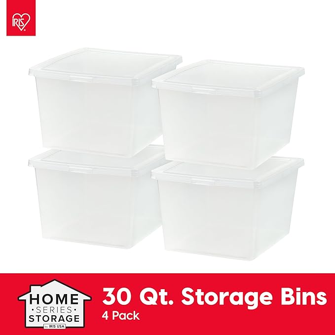 IRIS USA 4-Pack Storage Bins with Lids, 25 Quart, Clear Stackable Containers Box Organize Shoes Closet Shelves Clothes Blankets Towels - BPA-Free Plastic