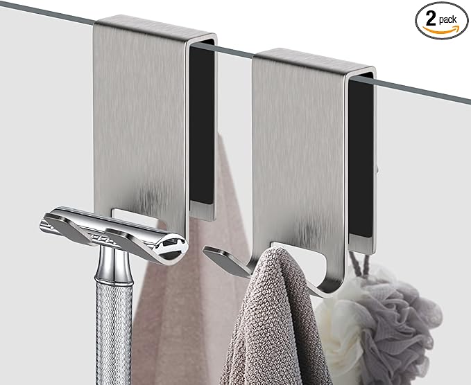 Shower Door Hook, Double-Sided Hook for Frameless Shower Doors (3.14 Inch), Heavy-Duty Stainless Steel Hook for Bathrobes and Towels, No Drilling or Adhesive Required, 2-Pack, Silver