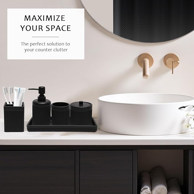8-Piece Matte Black Bathroom Set - Luxury Resin Bathroom Accessories Sets Complete with Shower Curtain and Rugs, Soap Dispenser, Toothbrush Holder, Cup, Apothecary Jars & Tray