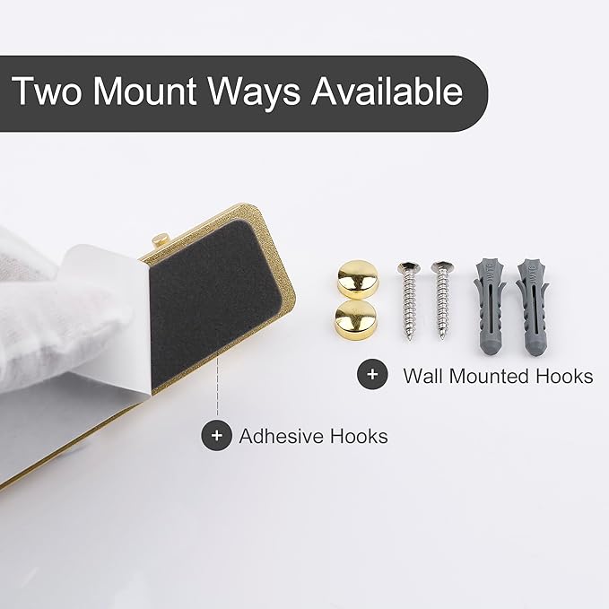 Gold Wall Hooks, Brushed Gold Bathroom Hook Rail, Self Adhesive 6 Hooks Key Hook Rack Hanger Towel Robe Stick Hooks for Toilet Entryway Hallway Kitchen Wall Mounted