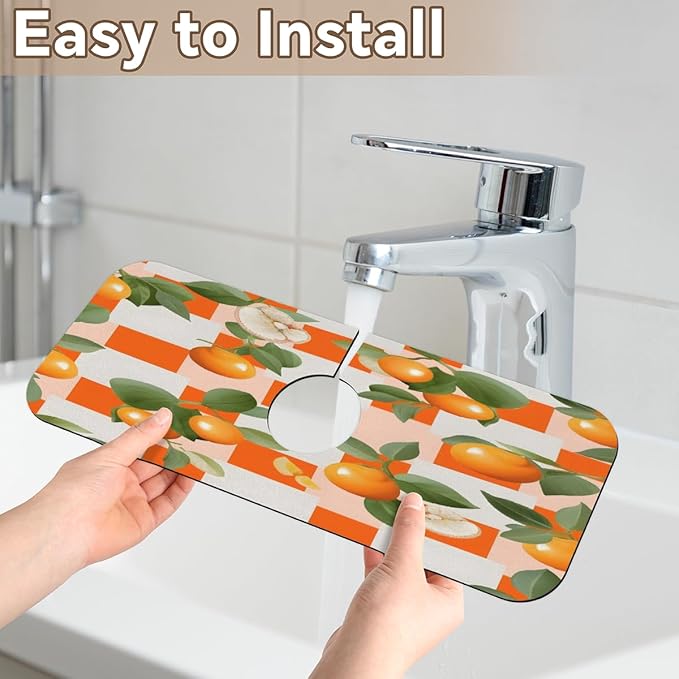 Orange Leaf Grid Pattern Kitchen Faucet Mat Splash Guard, 15.4”x5.7” Absorbent Quick Drying Sink Mat for Countertop Protection, Draining Mat Sink Protectors For Kitchen Bathroom, 1 Pack