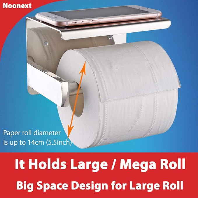 Noonext Toilet Paper Holder with Shelf Wall Mounted, Adhesive Toilet Paper Roll Holder, Stainless Steel Tissue Roll Dispenser Storage, Adhesive No Drilling Or Drilling with Screws (Polished Chrome)