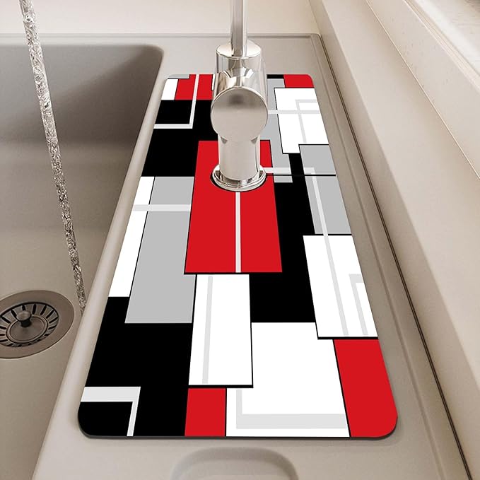 MCALK Geometric Red Kitchen Sink Faucet Mat Splash Guard, Absorbent Quick-Dry Kitchen Sink Mat - Ideal for Splash Guard & Drip Catching with Modern Art Decor( 1pc 15"x5.5")