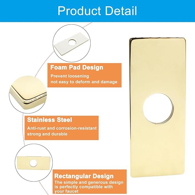 Biaungdo 6" Hole Cover Deck Plate, Gold Escutcheon Plate Stainless Steel Bathroom Faucet Plate Rectangle Faucet Cover Plate for 1 or 3 Hole Bathroom Vanity Sink Faucet