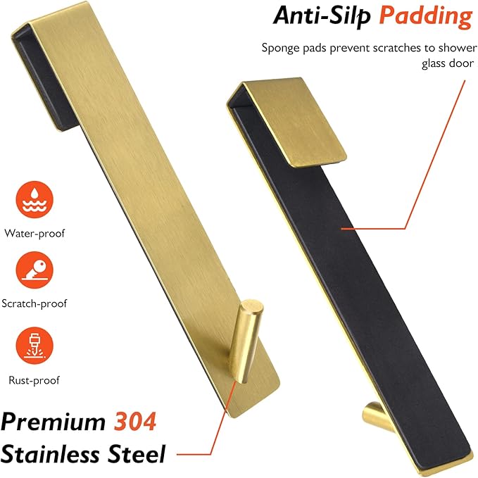 Shower Door Hooks(10 Inch),Extended Over Door Hooks for Bathroom Frameless Glass Shower Door,Stainless Steel Towel Hooks,Heavy Duty Rack Hooks for Robe,Towel-2 Pack-Gold