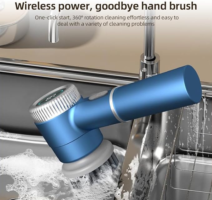 Decdeal Electric Cleaning Brush Set, Cordless Electric Spin Scrubber Waterproof 3 Speeds Digital Display Handheld Scrubber with 5 Brush Heads Ideal