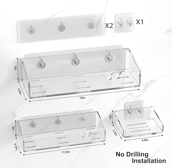 Acrylic Shower shelves 3 Pack,Adhesive Shower Organizer for Bathroom Storage Home Decor,No Drilling,Transparent Organizer,Shower Caddy for Inside Shower