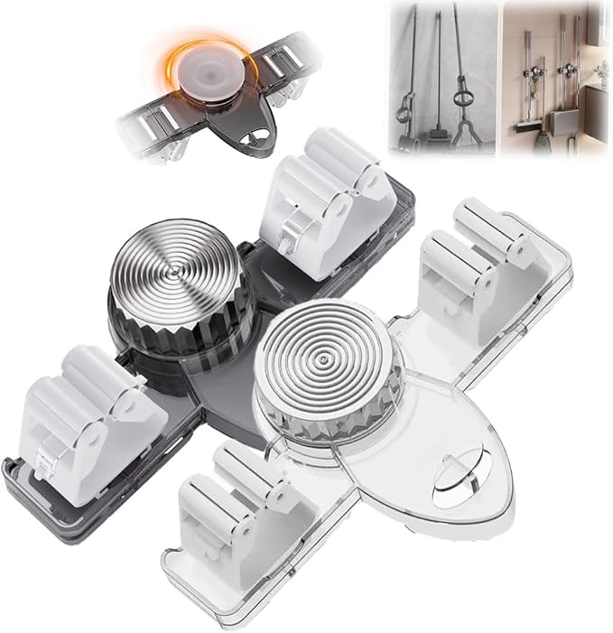 Broom Holder Mop Hanger, 2025 New No Drill Suction Cup Adjustable Organizer with Hooks, Space Saving Removable Wall Mount Organization Rack for Bathroom Kitchen Garage Laundry Room (1, White+Grey)