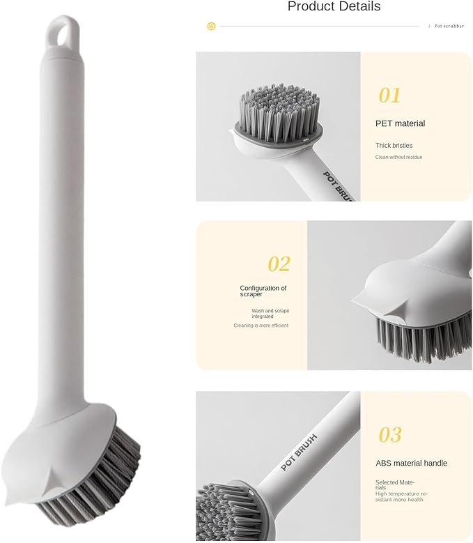 Pot Brush, 360-Degree Rotatable Head, 28.5x6.5cm, Long Handle Scrub Brush, Pan Cleaning Tool, Heavy-Duty Bristles, for Toilet Bathroom Shower Sink Skillet Grout Tile Stove Tub Home